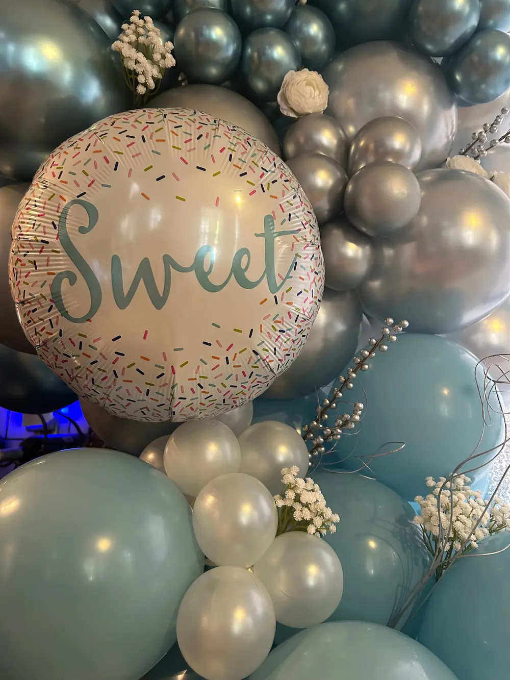 Silver and blue balloon display with Sweet custom balloon